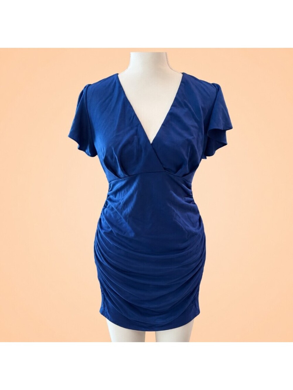 OWIN Womens Size Medium Navy Blue V Neck Ruched Bodycon Mini Dress NWT